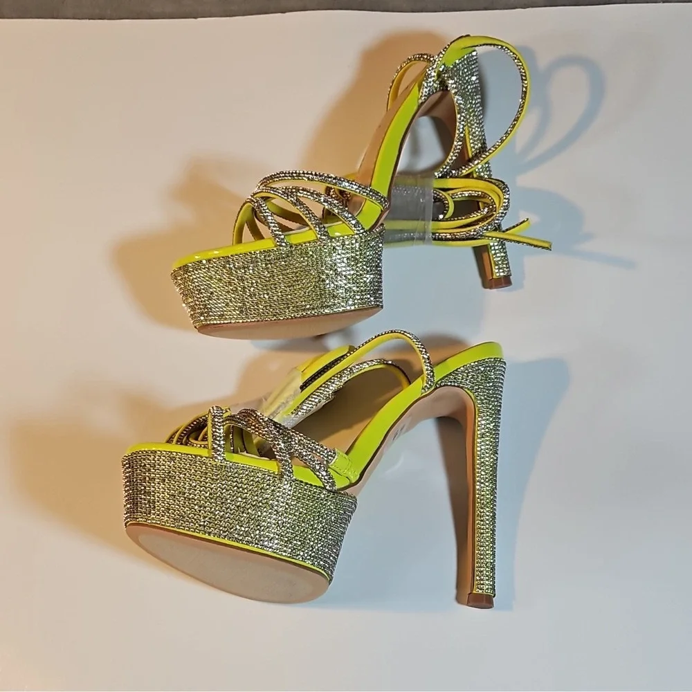 DDK Lime/Silver Synthetic Strappy Platform Stiletto Heel Ankle Strap 7